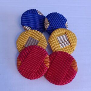 Vintage Clip Earrings Fabric Backed Set of 3 Purple Yellow Orange Purple 1 1/2"